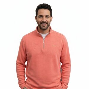 Men's Zip-Up Pullover Sweater in Coral